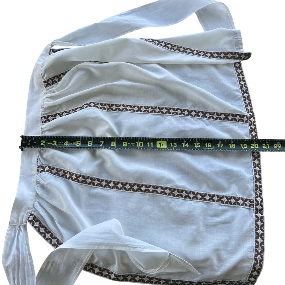 Vintage 70s Cottagecore Half Apron Women OS White Brown Gold Geometric Trim - Picture 7 of 7